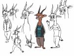  2019 ambiguous_gender antelope anthro barefoot bovid cheek_tuft clothed clothing facial_markings fuel_(artist) fuel_(character) gazelle gesture half-closed_eyes hands_in_pockets head_markings head_tuft horn looking_at_viewer mammal markings model_sheet open_hoodie pockets simple_background solo standing tuft waving white_background 