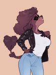  2019 3:4 anthro big_breasts bottomwear breasts brown_fur brown_hair canid canine canis clothed clothing digital_media_(artwork) domestic_dog eyewear female fur glasses hair hand_on_hip hi_res jacket jeans leather leather_jacket lucie_choquette mammal pants poodle portrait simple_background smile solo sunglasses three-quarter_portrait tom_ree topwear 