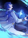  1boy a_m_m_a adam's_apple arm_up blue_eyes blue_hair blue_nails blue_scarf blue_trim coat commentary_request full_body highres kaito_(vocaloid) kaito_(vocaloid3) long_sleeves male_focus nail_polish open_mouth parted_hair scarf sleeve_cuffs solo vocaloid white_coat 