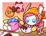  bandana blue_bandana blue_eyes blush_stickers bowl candy chocolate colored_skin commentary_request food gloves heart heart-shaped_chocolate heart-shaped_food holding holding_bowl holding_pastry_bag kirby kirby_(series) lalala_(kirby) orange_bandana pastry_bag paypaysoul pink_hair pink_skin scarfy susie_(kirby) sweatdrop valentine watermark yellow_gloves 