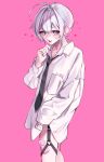  1boy ahoge black_nails black_necktie collared_shirt commentary_request hair_between_eyes heart heart-shaped_pupils highres kaminoq looking_at_viewer male_focus necktie original pink_background shirt solo sweat symbol-shaped_pupils thigh_strap vibrator_in_thigh_strap watermark white_hair white_shirt 