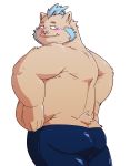  2019 anthro belly blush bottomwear butt clothing cute_fangs gouryou hi_res jumperbear male mammal overweight overweight_male pants simple_background solo suid suina sus_(pig) tokyo_afterschool_summoners video_games white_background wild_boar 