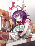  1girl :q bowl chocolate_making commentary_request green_eyes hair_ribbon hat holding holding_bowl holding_whisk horizontal_pupils kirara_fantasia kitchen merry_nightmare official_art oven_mitts pink_ribbon purple_hair ribbon short_hair solo third-party_source tongue tongue_out whisk white_hat yumekui_merry 