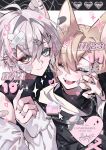  2boys bandaid bandaid_on_face bandaid_on_finger bandaid_on_hand black_shirt blonde_hair closed_eyes closed_mouth commentary commission crossdressing crossdressing_(mtf) fangs heart highres kaminoq looking_at_viewer multiple_boys nail_polish open_mouth original shirt skeb_commission untranslatable_commentary white_hair white_shirt 