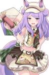  1girl absurdres animal_ears apron arms_behind_back blush box breasts brown_neckerchief commentary_request cosplay double_bun ears_through_headwear gift gift_box hair_bun hat highres holding holding_box horse_ears horse_girl horse_tail long_hair looking_at_viewer mejiro_mcqueen_(umamusume) midriff navel neckerchief open_mouth purple_eyes purple_hair shirt shoutoro skirt sleeveless sleeveless_shirt small_breasts smile solo taiki_shuttle_(baa_baa_patisserie)_(umamusume) taiki_shuttle_(umamusume) taiki_shuttle_(umamusume)_(cosplay) tail umamusume 