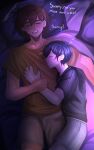  2boys absurdres antenna_hair artist_name black_shirt brown_shorts choccymilk303 closed_eyes closed_mouth collarbone commentary dark-skinned_male dark_skin double-parted_bangs english_commentary english_text grey_shorts hair_between_eyes head_on_pillow highres kel_(faraway)_(omori) kel_(omori) lying multiple_boys omori on_back open_mouth orange_shirt pillow shirt short_hair shorts sleeping sunny_(omori) sweat t-shirt teeth upper_teeth_only yaoi zzz 