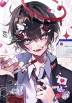 1boy bandaid bandaid_on_face bandaid_on_finger bandaid_on_hand bandaid_on_neck black_necktie blood blood_bag blue_eyes collared_shirt commentary hair_between_eyes hair_ornament hairclip halo head_tilt highres holding holding_syringe kaminoq looking_at_viewer male_focus necktie nutella open_mouth original shirt smile solo syringe untranslatable_commentary watermark yami_kawaii 