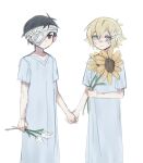  antenna_hair bandaged_head bandages bandaid bandaid_on_cheek bandaid_on_face bandaid_on_nose basil_(faraway)_(omori) basil_(hospital_gown)_(omori) basil_(omori) black_eyes black_hair blonde_hair blue_eyes bright_pupils bruise bruised_eye closed_mouth double-parted_bangs eyepatch flower hair_between_eyes hair_flower hair_ornament highres holding holding_flower holding_hands hospital_gown injury looking_at_viewer medical_eyepatch omori oreelurn short_hair short_sleeves sidelocks simple_background smile spoilers sunflower sunny_(hospital_gown)_(omori) sunny_(omori) tulip white_background white_flower white_pupils white_tulip yaoi 