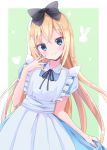 1girl alice_(wonderland) alice_in_wonderland apron bangs black_bow blonde_hair blue_dress blue_eyes blush bow closed_mouth collared_dress commentary_request dress eyebrows_visible_through_hair green_background hair_between_eyes hair_bow head_tilt heart long_hair maid_apron puffy_short_sleeves puffy_sleeves short_sleeves smile solo sparkle suzume_anko two-tone_background very_long_hair white_apron white_background 
