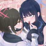  2girls black_hair blue_archive blue_eyes blue_hair blush chocolate commentary_request ear_piercing earrings feeding hand_on_another's_cheek hand_on_another's_face happy_valentine highres jewelry kenkou1banno1 mask misaki_(blue_archive) mouth_mask multiple_girls one_eye_closed piercing saori_(blue_archive) yuri 
