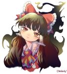  1girl ascot bow brown_hair closed_mouth commentary frilled_bow frilled_hair_tubes frills hair_bow hair_tubes hakurei_reimu highres long_hair looking_at_viewer mibukyt red_bow red_eyes simple_background solo touhou twitter_username unfinished_dream_of_all_living_ghost white_background yellow_ascot 