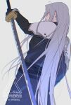 1boy arm_up armor belt black_coat black_gloves closed_mouth coat cowboy_shot final_fantasy final_fantasy_vii final_fantasy_vii_remake from_side gloves green_eyes grey_background grey_hair highres holding holding_sword holding_weapon long_hair long_sleeves long_sword male_focus masamune_(ff7) profile sephiroth shoulder_armor solo sword twitter_username very_long_hair weapon yunyunonigiri 