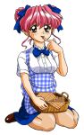  1girl apron bandabekken basket blue_apron blue_bow blue_bowtie blue_skirt bow bowtie brown_eyes brown_shoes double_bun full_body gingham_apron gingham_clothes graduation_(series) hair_bow hair_bun kobeya_uniform napkin object_on_lap picnic_basket pink_hair shirt shoes short_hair simple_background sitting skirt solo sotsugyou_ii:_neo_generation tani_yurika waitress wariza white_background white_shirt 