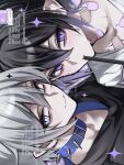  2boys bandaid bandaid_on_chest bandaid_on_neck belt_collar black_hair black_shirt blush collar commentary_request drinking_straw highres kaminoq male_focus multiple_boys original purple_eyes shirt smile spiked_collar spikes sweat white_eyes white_hair white_shirt 