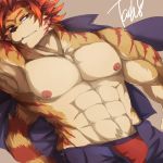  abs anthro biceps bottomwear clothed clothing felid fur hair hi_res male mammal multicolored_fur muscular muscular_male nipples nomad_(tas) orange_fur pantherine pecs red_eyes red_hair signature solo striped_fur stripes tach8 tiger tokyo_afterschool_summoners topless triceps two_tone_fur video_games white_fur 