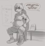  2019 angry anonymous_artist anthro bottomwear card chair clinic clothed clothing dialogue english_text female fluffy footwear hair hi_res mammal monochrome mustela mustelid musteline neck_tuft pants poster pregnant shirt short_hair speech_bubble table text tomboy topwear tuft 