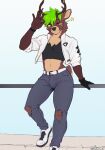  antlers bottomwear brown_body brown_fur chest_tuft clothed clothing crop_top deer denim denim_bottomwear denim_clothing ear_piercing ear_ring erection footwear fur green_hair hair half-closed_eyes hi_res horn jacket jeans lukiro male mammal narrowed_eyes neck_tuft one_eye_closed one_glove open_clothing open_jacket open_topwear pants piercing ring_piercing shirt shoes smile sneakers solo tan_body tan_fur topwear tuft wink 