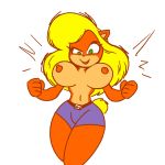  anthro blonde_hair bottomwear breasts clothed clothing crash_bandicoot_(series) female fur green_eyes hair hi_res naughty_dog navel nipples orange_fur pants simple_background sony_corporation sony_interactive_entertainment tawna_bandicoot topless video_games white_background yopy 