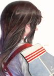  1girl akagi_(kantai_collection) back commentary eyelashes highres japanese_clothes kantai_collection long_hair millipen_(medium) signature simple_background solo tasuki tesun_(g_noh) traditional_media upper_body watercolor_pencil_(medium) white_background 