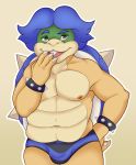  anthro belly blue_hair bracelet buckteeth bulge claws clothed clothing eyebrows fangs grey_eyes hair hand_on_hip hi_res jewelry koopa koopaling looking_at_viewer ludwig_von_koopa male mario_bros navel nintendo nipples open_mouth open_smile pecs polarpandemonium portrait reptile scales scalie shell simple_background skimpy slightly_chubby smile smug solo spiked_bracelet spiked_shell spikes teeth three-quarter_portrait topless turtle underwear video_games yellow_scales 
