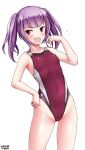  1girl alice_gear_aegis artist_name bangs blush breasts collarbone competition_swimsuit covered_navel cowboy_shot dated embarrassed eyebrows_visible_through_hair hair_between_eyes hand_on_hip highres ichijou_ayaka long_hair looking_at_viewer one-piece_swimsuit open_mouth purple_eyes purple_hair red_swimsuit simple_background small_breasts smile solo standing sweatdrop swimsuit tsuchimiya twintails white_background 