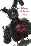  1boy animal_costume animal_ears animatronic bone box commentary english_commentary eva0951120 exposed_internal_machinery five_nights_at_freddy's gift happy_valentine heart heart-shaped_box highres holding holding_gift rabbit_costume red_eyes robot springtrap valentine white_background 