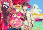  2boys alternate_costume black_hair blonde_hair blue_eyes bridge chinese_clothes curtains flower freckles hand_fan hand_in_pocket holding holding_fan jacket koshotengai_no_hashihime kurosawa_(adelta) lotus male_focus mask monocle multiple_boys official_art pants rain sweater_vest tamamori_(koshotengai_no_hashihime) teapot watch wristwatch 