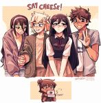  2girls 3boys absurdres alternate_costume alternate_hairstyle alternate_universe antenna_hair artist_name aubrey_(faraway)_(omori) aubrey_(omori) basil_(faraway)_(omori) basil_(omori) black_eyes black_hair black_sweater_vest blonde_hair blue_jacket brothers brown_hair brown_pants brown_skirt camera cardigan collared_jacket collared_shirt commentary dark-skinned_male dark_skin denim double-parted_bangs english_commentary english_text flower gift_art green_cardigan grey_jacket hair_between_eyes hair_flower hair_ornament hairband hero_(faraway)_(omori) hero_(omori) highres holding holding_camera holding_hands hood hood_down hooded_jacket interlocked_fingers jacket jeans kel_(faraway)_(omori) kel_(omori) kiisaes long_hair long_sleeves looking_at_another looking_at_viewer mari_(faraway)_(omori) mari_(omori) missing_tooth multiple_boys multiple_girls omori open_cardigan open_clothes open_jacket open_mouth pants pink_hairband pleated_skirt red_jacket shirt short_hair short_sleeves siblings sidelocks skirt sweatdrop sweater_vest t-shirt teeth upper_teeth_only v white_shirt 