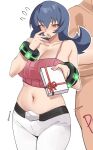  1boy 1girl absurdres bare_shoulders blue_hair blush box breasts brown_eyes cleavage collarbone hair_between_eyes highres holding holding_box large_breasts long_hair looking_at_viewer midriff navel open_mouth pants pinepin pink_shirt pokemon pokemon_hgss sabrina_(pokemon) shirt white_pants 