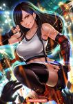  1girl arm_guards armpits bike_shorts black_skirt blurry blurry_background brown_eyes clenched_hand earrings elbow_gloves fighting_stance final_fantasy final_fantasy_vii final_fantasy_vii_remake fingerless_gloves gloves jewelry knee_up lens_flare long_hair looking_at_viewer low-tied_long_hair magion02 midriff miniskirt red_footwear shirt shorts shorts_under_skirt skirt smile solo suspender_skirt suspenders sweat tank_top taut_clothes taut_shirt thighhighs tifa_lockhart 