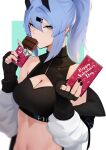  1girl absurdres black_nails blue_eyes blue_hair breasts candy chocolate chocolate_bar cleavage_cutout clothes_down clothing_cutout coat eating english_commentary english_text fingerless_gloves food gloves hair_ornament highres long_hair looking_at_viewer medium_breasts midriff original ponytail saki_(the_atko) shrug_(clothing) sleeveless_shrug solo sports_bra the_atko 