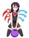  1girl adapted_costume asymmetrical_wings ball bangs black_dress black_hair black_legwear blue_wings bow bowtie breasts cato_(monocatienus) commentary dress eyebrows_visible_through_hair grin hair_between_eyes houjuu_nue kneeling long_hair looking_at_viewer nue_day red_bow red_eyes red_neckwear red_wings short_dress simple_background sleeveless sleeveless_dress small_breasts smile solo thighhighs thighs touhou white_background wings zettai_ryouiki 