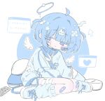  1girl :o @_@ ahoge angel bad_id bad_twitter_id bandaged_leg bandages bandaid bandaid_hair_ornament bandaid_on_cheek bandaid_on_face bandaid_on_knee bandaid_on_leg blister_pack blue_eyes blue_hair blue_halo blue_jacket blue_leg_warmers blue_shoes blue_shorts blue_track_suit blush_stickers colored_eyelashes detached_wings full_body gauze gauze_on_cheek hair_ornament halo hat highres izumi_(yura_izumi) jacket leg_warmers long_sleeves melting_halo no_pupils original pill_hair_ornament rabbit_hair_ornament shoes short_hair short_twintails shorts sitting solo star_(symbol) star_hair_ornament track_jacket track_suit translation_request twintails unworn_hat unworn_headwear white_wings window_(computing) wings zipper 