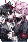 2boys animal_ears bell belt_collar black_hair blood blood_halo cat_ears chain chocolate collar earrings halo highres jewelry kaminoq liquid_halo multiple_boys nail_polish neck_bell original pink_hair speech_bubble spiked_ear_piercing yaoi 