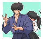  1boy 1girl \m/ annoyed aqua_background artist_name bangs behind_another black_dress black_eyes black_hair blue_hakama blush brother_and_sister closed_mouth collarbone dougi dress embarrassed eyebrows_visible_through_hair eyelashes fidgeting frown hair_between_eyes hair_ribbon hakama hands_up japanese_clothes kunou_kodachi kunou_tatewaki long_sleeves looking_at_viewer looking_to_the_side motion_lines nose_blush peeking_out ranma_1/2 red_ribbon ribbon school_uniform shirt short_hair siblings side_ponytail sleeve_tug standing sweatdrop two-tone_background upper_body v-shaped_eyebrows wanta_(futoshi) white_background white_shirt 