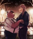 5:6 5_fingers abe_(mikrogoat) anthro anthro_on_anthro athletic athletic_anthro athletic_male basil_(mikrogoat) black_hair blonde_hair clothed clothed_anthro clothed_male clothing domestic_pig duo fingers fur hair hand_holding hi_res horn humanoid_hands lagomorph leporid male male/male mammal mikrogoat night outside overweight overweight_anthro overweight_male pink_body pink_fur pink_skin rabbit romantic romantic_ambiance romantic_couple romantic_night smile suid suine sus_(pig) tail