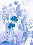  3boys :d \o/ ^_^ absurdres aged_down ahoge antenna_hair arms_up ball bare_arms bare_legs bare_shoulders basil_(faraway)_(omori) basil_(omori) blue_theme bucket child clenched_teeth closed_eyes commentary_request cowboy_shot denim denim_shorts double-parted_bangs fang full_body hair_between_eyes hatching_(texture) highres holding holding_bucket holding_shower_head kel_(faraway)_(omori) kel_(omori) kneehighs legs_apart male_focus monochrome multiple_boys official_alternate_eye_color omori open_mouth outstretched_arms raised_inner_eyebrows sandals shirt shoes short_hair short_shorts short_sleeves shorts shower_head simple_background smile socks standing sunny_(omori) t-shirt tairiku tank_top tearing_up teeth very_short_hair water water_balloon wet wet_clothes white_background 
