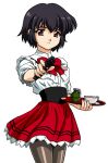  1girl aiming aiming_at_viewer bandabekken black_hair bow bowtie bronze_parrot brown_eyes closed_mouth cummerbund cup explosive expressionless finger_on_trigger frilled_shirt frills grenade gun handgun holding holding_gun holding_tray holding_weapon miniskirt noir_(anime) pantyhose pleated_skirt red_bow red_bowtie red_skirt saucer shirt short_hair simple_background skirt solo standing teacup tray waitress weapon white_background white_shirt yuumura_kirika 