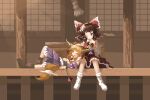  02charaice20 2girls absurdres ascot blonde_hair boots bow box brown_boots brown_eyes brown_hair brown_horns commentary detached_sleeves donation_box english_commentary frilled_bow frilled_hair_tubes frills gourd hair_bow hair_tubes hakurei_reimu headpat highres horn_ornament horn_ribbon horns ibuki_suika long_hair multiple_girls one_eye_closed oni open_mouth pixel_art purple_skirt red_bow red_skirt ribbon ribbon-trimmed_sleeves ribbon_trim shirt sitting skirt skirt_set smile socks touhou white_shirt white_socks yellow_ascot yellow_eyes 