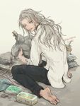  1boy barefoot black_collar black_pants bucket chisel clay closed_mouth collar curtained_hair dated dirty dirty_clothes dress_shirt ensemble_stars! feet from_behind full_body grey_background grey_hair hair_down long_hair long_sleeves looking_at_viewer looking_back male_focus orange_eyes pants ran_nagisa sculpture shirt shoden soles solo toes white_shirt 