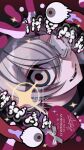  1boy crossdressing crossdressing_(mtf) eyeball eyepatch fang fangs fisheye hair_between_eyes heart highres kaminoq looking_at_viewer male_focus one_eye_covered original ribbon smile sparkle turtleneck white_hair 