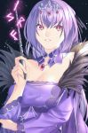  1girl akapug621 breasts cleavage commentary_request dress fate/grand_order fate_(series) feather_trim hair_between_eyes headpiece holding holding_wand large_breasts long_hair looking_at_viewer purple_dress purple_eyes purple_hair runes scathach_(fate)_(all) scathach_skadi_(fate/grand_order) sky solo star_(sky) starry_sky tiara wand 
