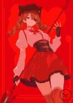  1977_oj3 1girl breasts commentary_request cosplay cowboy_shot eyepatch highres holding holding_polearm holding_weapon lance neon_genesis_evangelion polearm red_hair small_breasts solo souryuu_asuka_langley spear tomoe_mami tomoe_mami_(cosplay) upper_body watermark weapon 