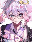  bandaid bandaid_on_finger bandaid_on_hand black_jacket crossdressing crossdressing_(mtf) glasses heart highres holding jacket kaminoq looking_at_viewer nail_polish nameplate neck_tattoo necktie oreo original shirt shooting_star_(symbol) tattoo white_hair white_shirt 