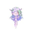  absurdres antlers arm_at_side bandaged_head bandaged_leg bandages blurry braid braided_bangs ceres_fauna commentary depth_of_field double-parted_bangs english_commentary full_body green_hair hair_rings halloween hand_up highres hololive hololive_english horns long_hair mummy_costume naked_bandage one_side_up open_mouth sher_(imnotsher) side_up_ring simple_background single_hair_ring virtual_youtuber white_background yellow_eyes 