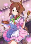  1girl absurdres animal_ears apron blush bowl breasts brown_hair chocolate closed_mouth clover_hair_ornament commentary_request dress fine_motion_(umamusume) green_eyes green_neckerchief hair_between_eyes hair_bun hair_ornament heart highres holding holding_bowl holding_spatula horse_ears horse_girl horse_tail ikaashi_you long_hair looking_at_viewer multicolored_hair neckerchief pink_dress short_sleeves smile solo spatula tail tongue tongue_out umamusume white_apron white_hair 