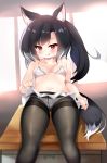  1girl :3 absurdres animal_ear_fluff animal_ears azur_lane backlighting black_hair black_legwear blush bra breasts breasts_apart breath bright_pupils commentary_request crotch_seam fine_fabric_emphasis furrowed_eyebrows half-closed_eyes highres indoors lace lace-trimmed_bra lace-trimmed_panties licking_lips lifted_by_self long_hair microskirt midriff moneko1107 nail_art nail_polish navel panties panties_under_pantyhose pantyhose pleated_skirt red_eyes red_nails shigure_(azur_lane) skindentation skirt skirt_lift solo stomach tail thigh_gap thighband_pantyhose thighs tongue tongue_out translation_request underwear white_bra white_panties white_skirt window wolf_ears wolf_girl wolf_tail 