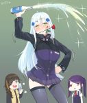  3girls artist_name blush boca cellphone confused crossover dancing drunk eyepatch fireworks flip_phone flower girls_frontline hk416_(girls_frontline) iron_cross jill_stingray laughing m16a1_(girls_frontline) multiple_girls phone purple_hair red_eyes rose taking_picture twintails va-11_hall-a 