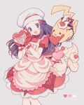  1girl alcremie alcremie_(strawberry_sweet) apron blue_eyes blush box box_of_chocolates chef_hat closed_mouth commentary_request dawn_(palentine's_2021)_(pokemon) dawn_(pokemon) dress gloves hair_ornament hairclip happy hat heart highres holding komasawa_(fmn-ppp) long_hair open_mouth pikachu pikachu_(assorted_chocolates_2024) pink_apron pokemon pokemon_(creature) pokemon_masters_ex puffy_sleeves red_dress short_sleeves smile standing valentine 
