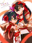  1boy 1girl alternate_costume black_hair blush braid brother_and_sister brown_hoodie brown_sweater carmine_(pokemon) commentary cropped_sweater crossed_bangs dated earrings hair_between_eyes hair_ornament hair_ribbon hairband happy_valentine heart heart_hair_ornament heart_hands heart_hands_duo highres holding_hands hood hood_down hoodie jewelry kieran_(pokemon) long_hair looking_at_viewer midriff mole mole_under_eye navel one_eye_closed open_mouth pink_hair pokemon pokemon_sv red_hair red_hairband red_ribbon ribbon shiro_(46isou) siblings sparkle sweater valentine yellow_eyes 